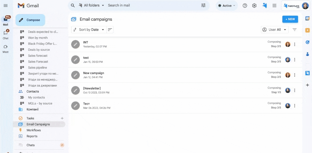 Sending email campaigns from NetHunt CRM: Pipedrive vs Salesmate Comparison