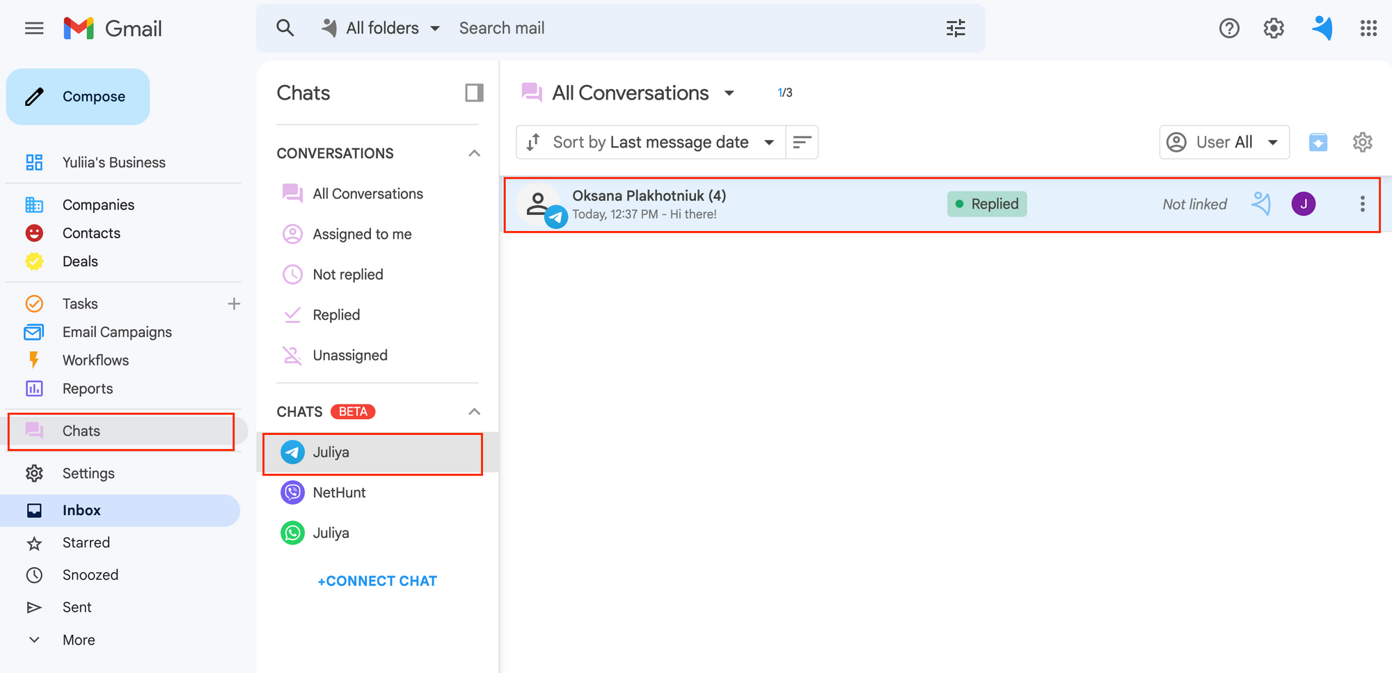 Chats log in NetHunt CRM