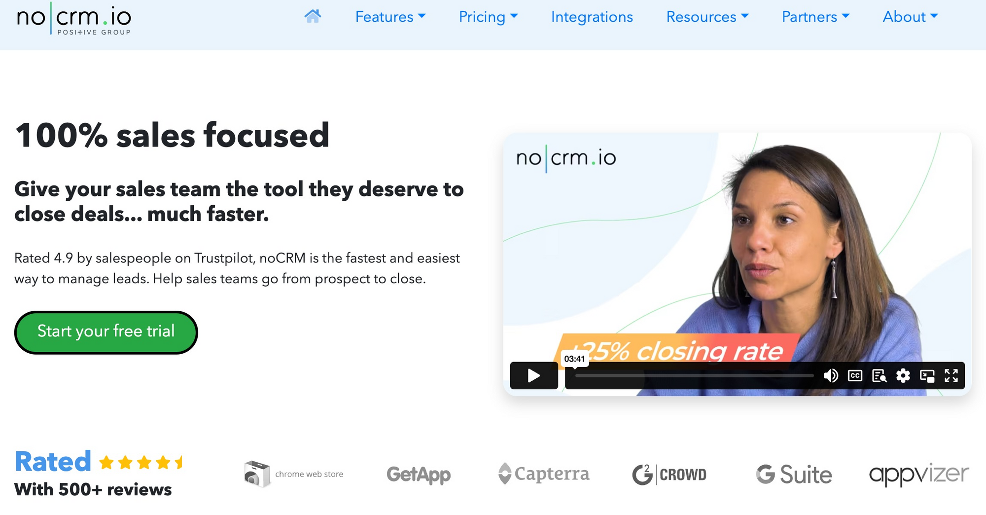 A screenshot of the noCRM website homepage