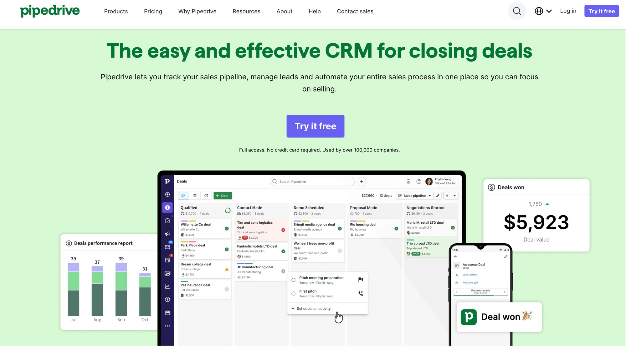 A screenshot of Pipedrive website's homepage
