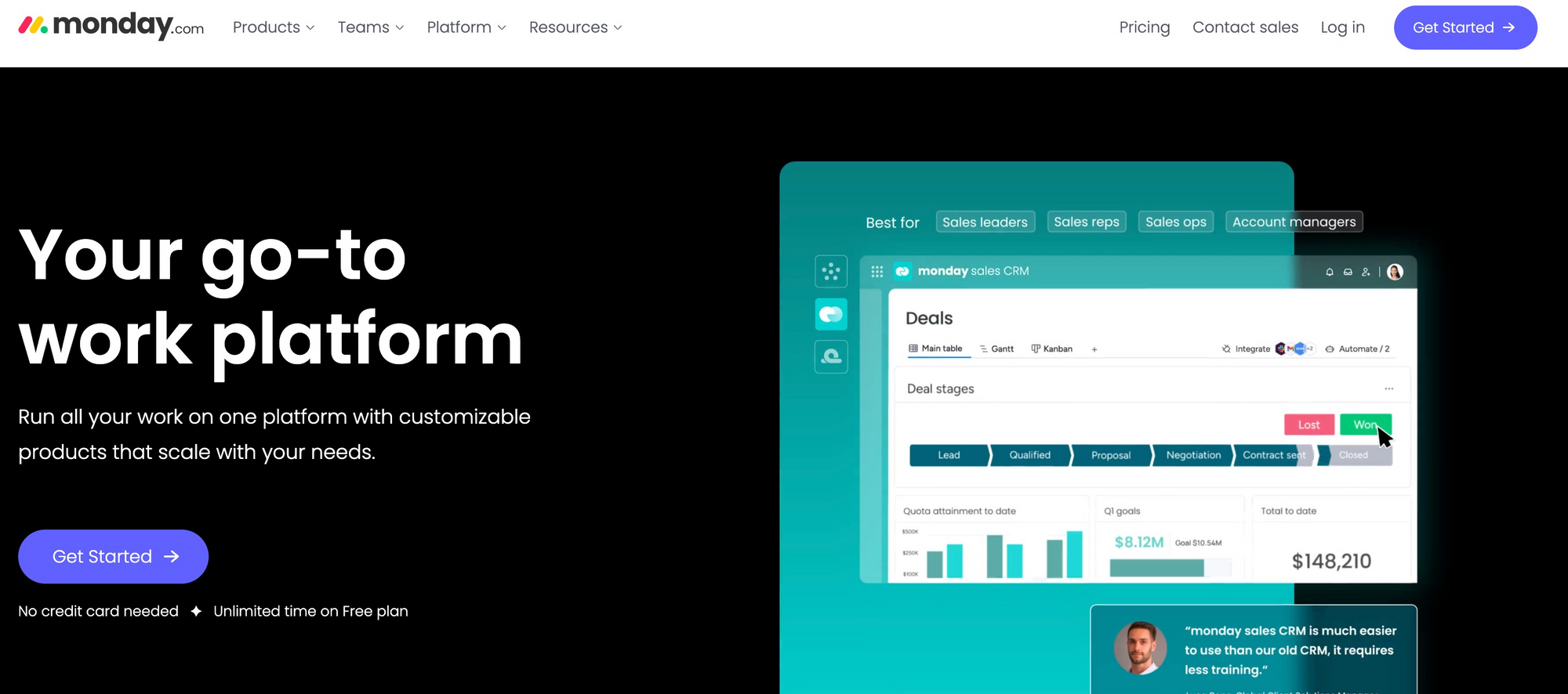 A screenshot of the Monday CRM website homepage