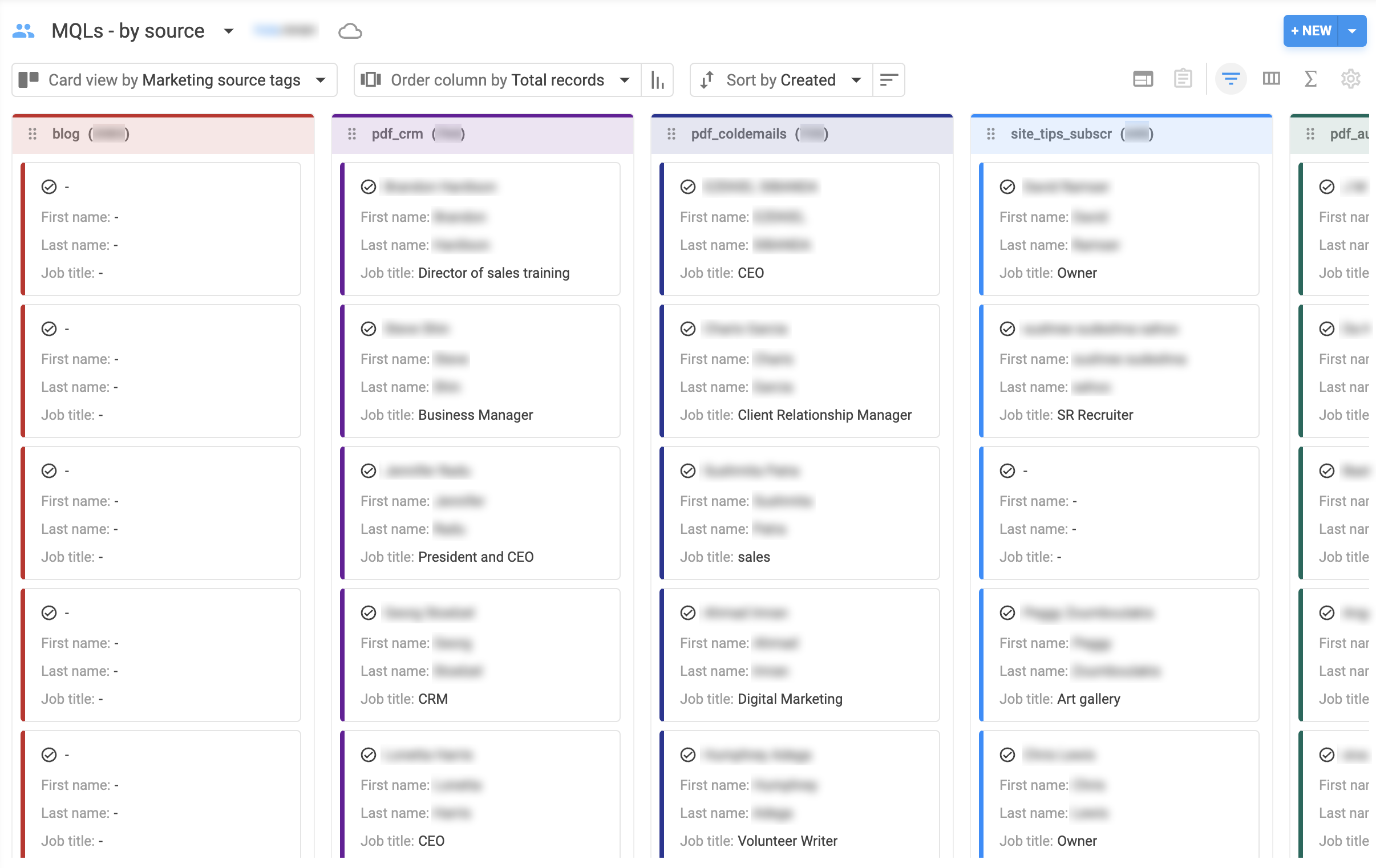 A custom view in NetHunt CRM that contains MQLs by source