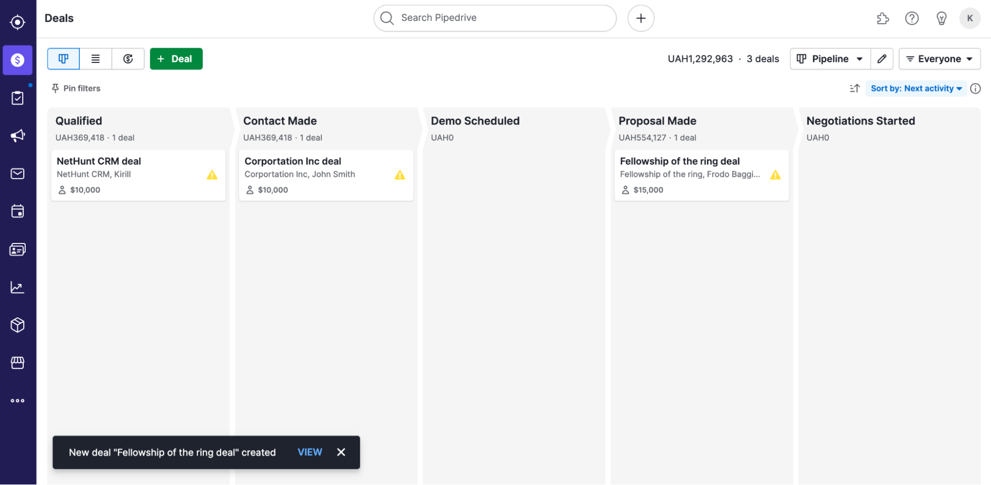 Pipedrive CRM User Interface: Pipedrive vs Salesmate, Compared