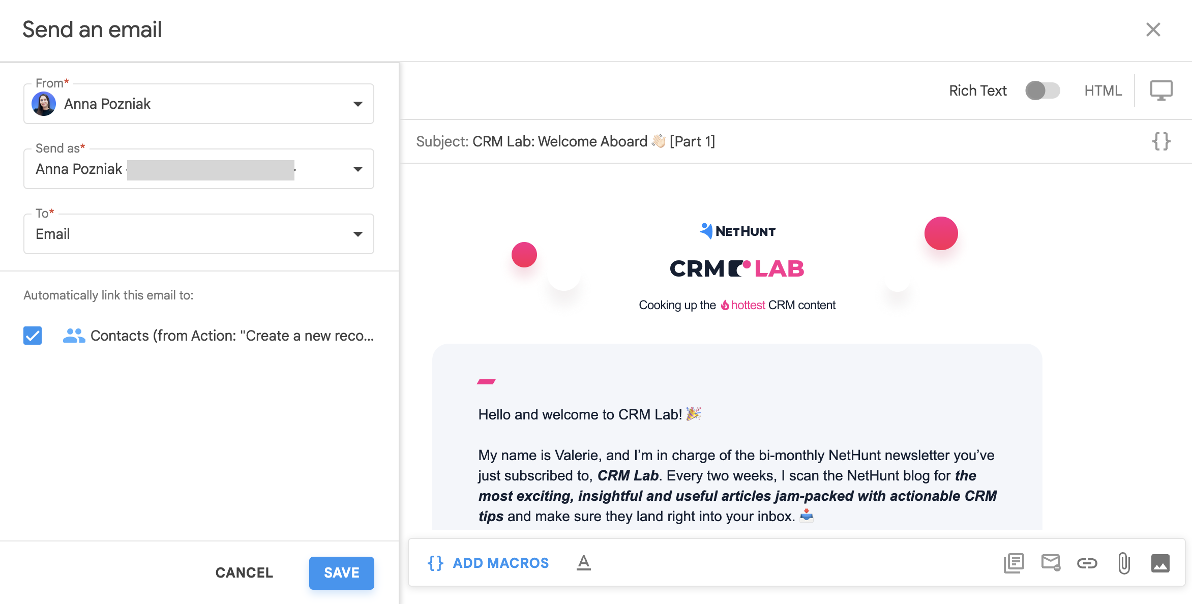 Email set up at NetHunt CRM's workflows