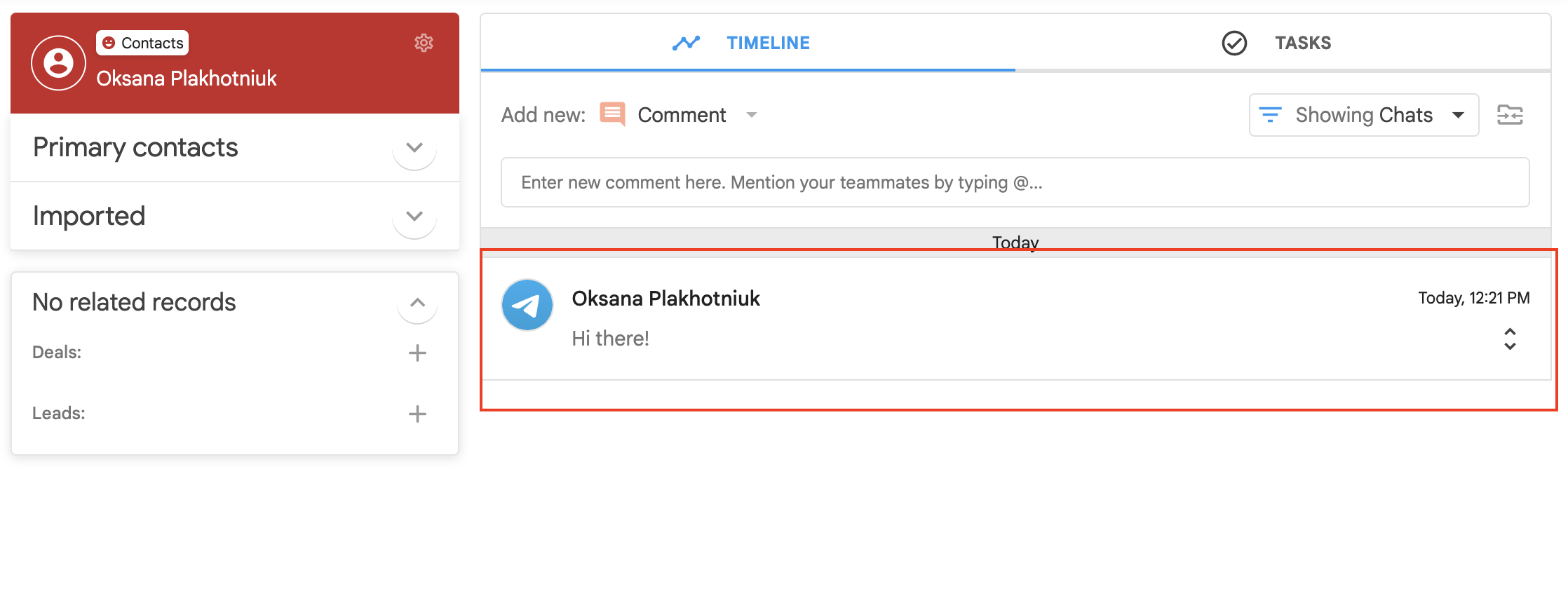 Contact record in NetHunt CRM with Telegram chats on the Timeline