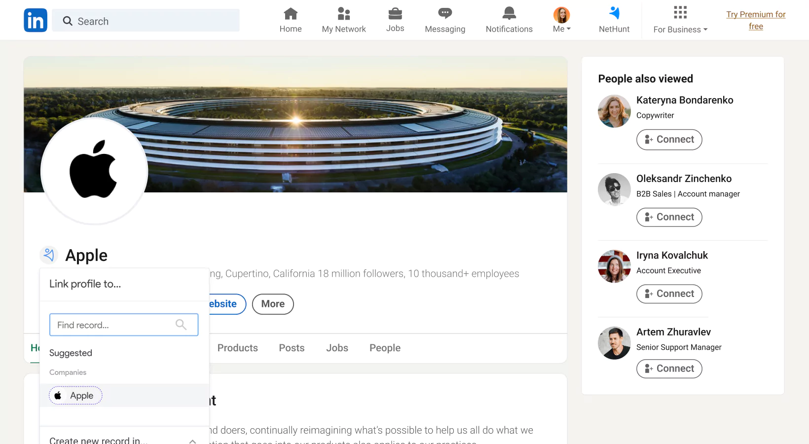 NetHunt CRM integration with LinkedIn screen 1